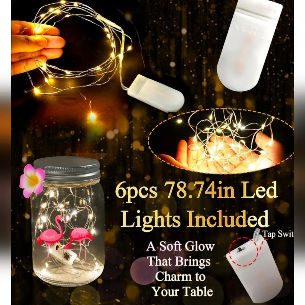 NEW - Tropical LED Mason Jar Lights - Set of 6 Hawiian Luau~Flamingos~Pineapple